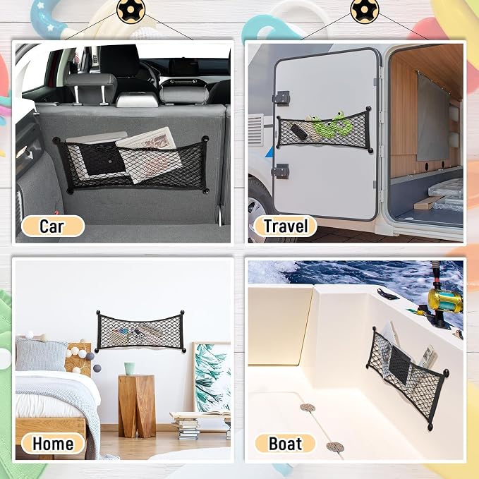 Frienda 4 Pcs Stretchable Small Cargo Net Pocket Boat Storage Mesh Net Elastic Automotive Storage Pouch with Mounting Screws and Hooks for Truck Car SUV Boats (25 x 9.8 Inches)