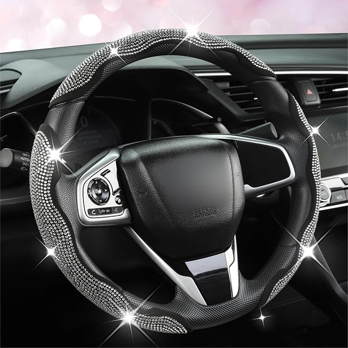 West Llama Diamond Bling Car Steering Wheel Cover with Crystal Rhinestones,3PCS Segmented Steering Wheel Protector,Universal for 99% Cars for Women(Black with White Diamond)