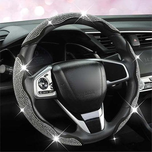 West Llama Diamond Bling Car Steering Wheel Cover with Crystal Rhinestones,3PCS Segmented Steering Wheel Protector,Universal for 99% Cars for Women(Black with White Diamond)