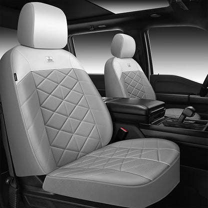 CAR PASS Memory Foam Leather Seat Covers Full Set, Breathable Perforated Nappa Leather Seat Covers Universal Fit for Most Cars,Sedans,SUV,Trucks Thick 3D Foam Comfortable, Airbag Compatible Gray White