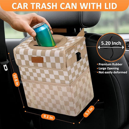 Vankor Car Trash Can Bin with Lid Hanging for Back Seat, Car Accessories for Women Men Leak Proof Automotive Garbage Cans Leakproof Vehicle Trash Can for Truck SUV,Khaki Checkered