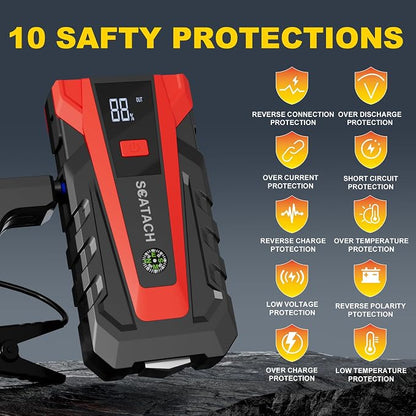 Scatach 6000A Car Battery Jump Starter,12V Portable Jump Starter Battery Pack (up to 9.0L Gasoline and 7.0L Diesel Engine), Jump Box with 3 Modes Flashlights, Jumper Cables, LED Display