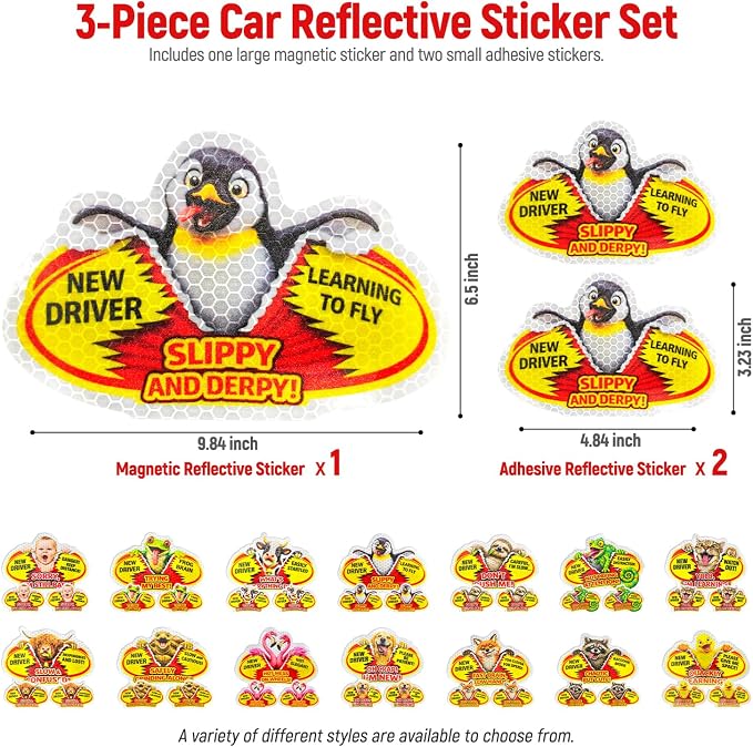 3 Pcs Reflective Student Driver Magnet and Stickers Set - Funny Animal New Driver Safety Signs for Car, Waterproof & Weatherproof High Visibility Vehicle Bumper Decals, Magnet + Stickers (Penguin)
