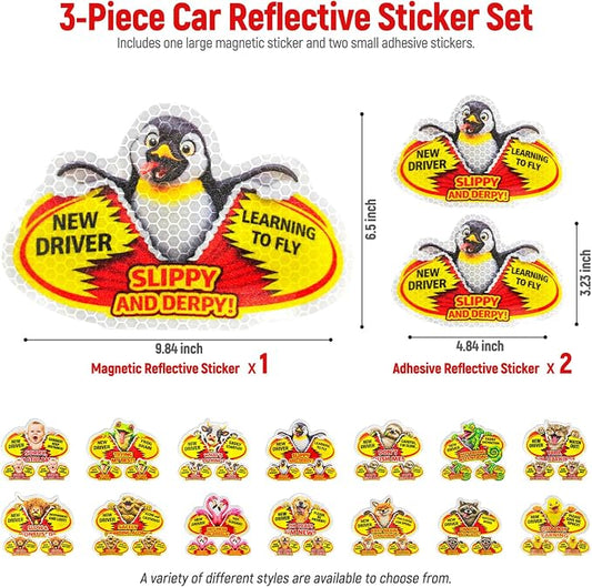 3 Pcs Reflective Student Driver Magnet and Stickers Set - Funny Animal New Driver Safety Signs for Car, Waterproof & Weatherproof High Visibility Vehicle Bumper Decals, Magnet + Stickers (Penguin)