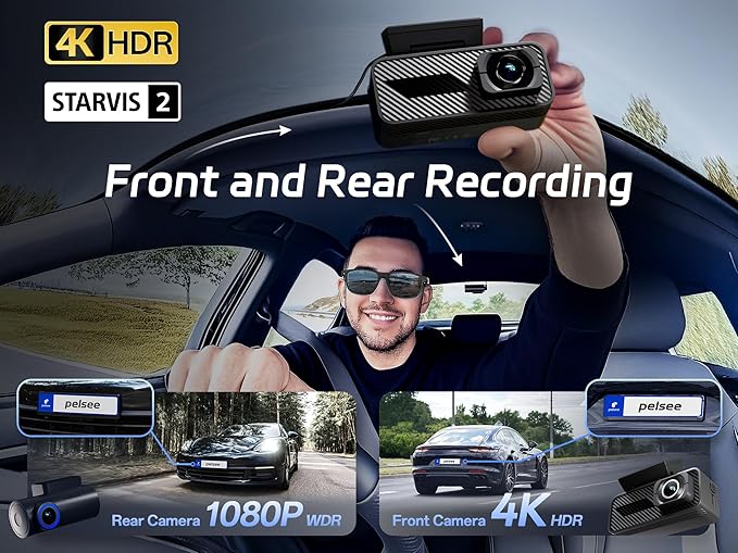 Pelsee P1 Pro 4K Dash Cam Front and Rear, STARVIS 2 Sensor, 64GB Card, Dual Dash Camera for Cars with Full-Color Night Vision, HDR WDR, ADAS, GPS, WiFi & Voice Control, 24H Parking Mode, 3.39" Screen