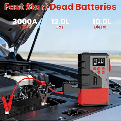 Portable Car Jump Starter with Air Compressor for Emergencies,3000A Peak and 150 PSI Max,for 12L Gas & 10L Diesel Engines,LCD Display,LED Light
