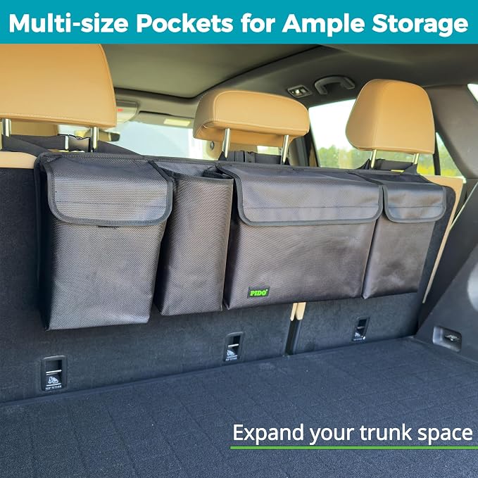 PIDO Hanging Trunk Organizer, Backseat Trunk Organizer for SUV, Hanging Car Storage Bag with Large Pockets for Sedan, Truck, Van, Upgraded Premium 1680D Oxford, Space Saving Car Interior Accessory