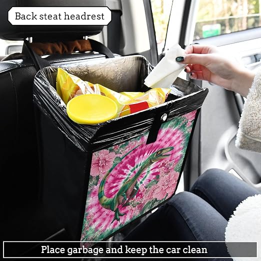 Car Trash Can Organizer Bin with Adjustable Strap for Back Front Seat Console Waterproof Leakproof Collapsible Portable 8.66 Inch Tie Dye Dinosaur Pink Green