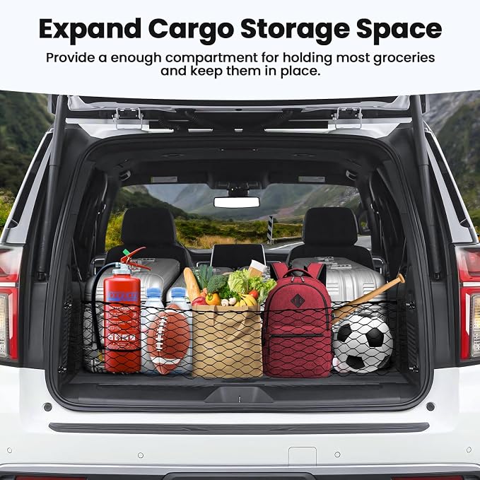 Canvcle Cargo Net for Chevy Suburban Tahoe GMC Yukon&Yukon XL Cadillac Escalade 2021–2025 2026 Envelope Style Heavy Duty Elastic Mesh Trunk Cargo Organizer Easy Install Storage Net with Hooks