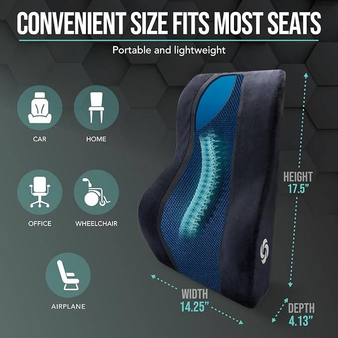 Samsonite Memory Foam Lumbar Support Pillow, Ergonomic Back Cushion for Office Chair, Gaming Chair, Auto Back Support with Cooling Gel, Home Essentials for Sitting Comfort, Posture Relief, Black Mesh