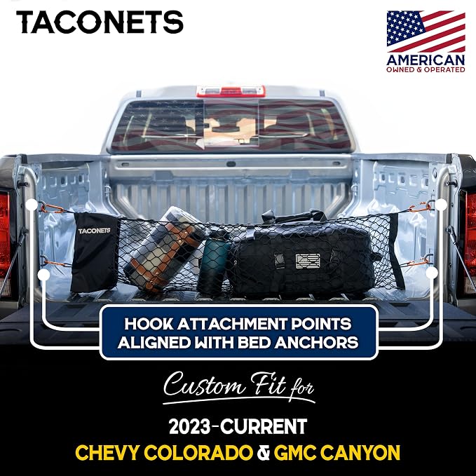 TacoNets Envelope Cargo Net for Colorado/Canyon - Fits 2023-Current - Upgraded 5mm Bungee - Integrated Storage Bag - Heavy Duty Carabiners - Designed in USA