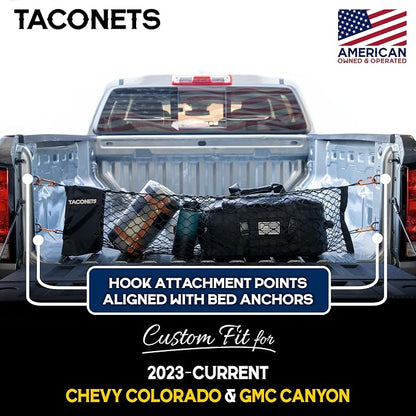 TacoNets Envelope Cargo Net for Colorado/Canyon - Fits 2023-Current - Upgraded 5mm Bungee - Integrated Storage Bag - Heavy Duty Carabiners - Designed in USA
