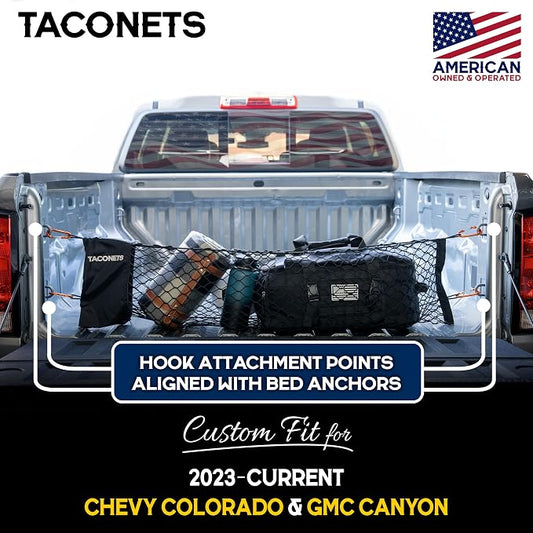 TacoNets Envelope Cargo Net for Colorado/Canyon - Fits 2023-Current - Upgraded 5mm Bungee - Integrated Storage Bag - Heavy Duty Carabiners - Designed in USA