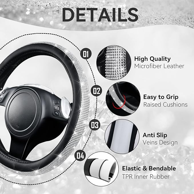 CAR PASS 11 PCS Bling Diamond Car Accessories for Women, Sparkly Rhinestone Steering Wheel Cover, Bling Seat Belt Cushion, Glitter Shift Knob Cover, Car Cup Holder Coaster, Cute Interior Sets Silver