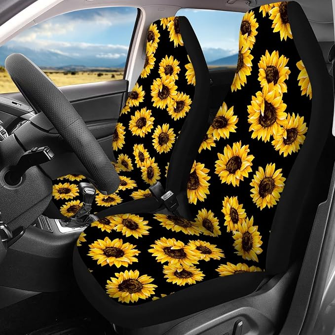 Sunflower Car Seat Covers Full Set,Cute Yellow Flowers Lovely Floral Print Vehicle Front Rear Bench Cushion Protectors for Women Men Auto Interior Accessories Universal Fit for Trucks Sedans