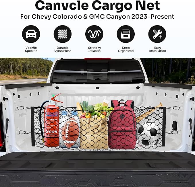 Canvcle Trunk Bed Cargo Net for 2023-2025 2026 Chevy Colorado & GMC Canyon Accessories Envelope Style Mesh Trunk Net Colorado Adjustable Elastic Nylon Rear Canyon Cargo Net with Hooks