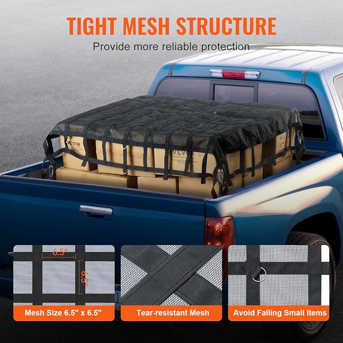 VEVOR Cargo Net with Mesh, 96 in x 81 in, Heavy Duty Truck Cargo Net-(WLL) 1,500lbs, 4 Adjustable Straps with Carabiners & S-Hooks, Truck Bed Cover for Trailer, Pickup, Boat, Jeep, SUV 6.75' x 8'