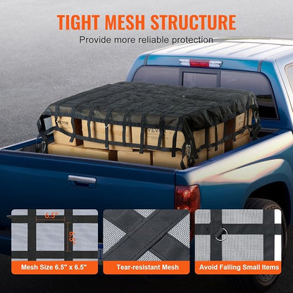 VEVOR Cargo Net with Mesh, 96 in x 81 in, Heavy Duty Truck Cargo Net-(WLL) 1,500lbs, 4 Adjustable Straps with Carabiners & S-Hooks, Truck Bed Cover for Trailer, Pickup, Boat, Jeep, SUV 6.75' x 8'