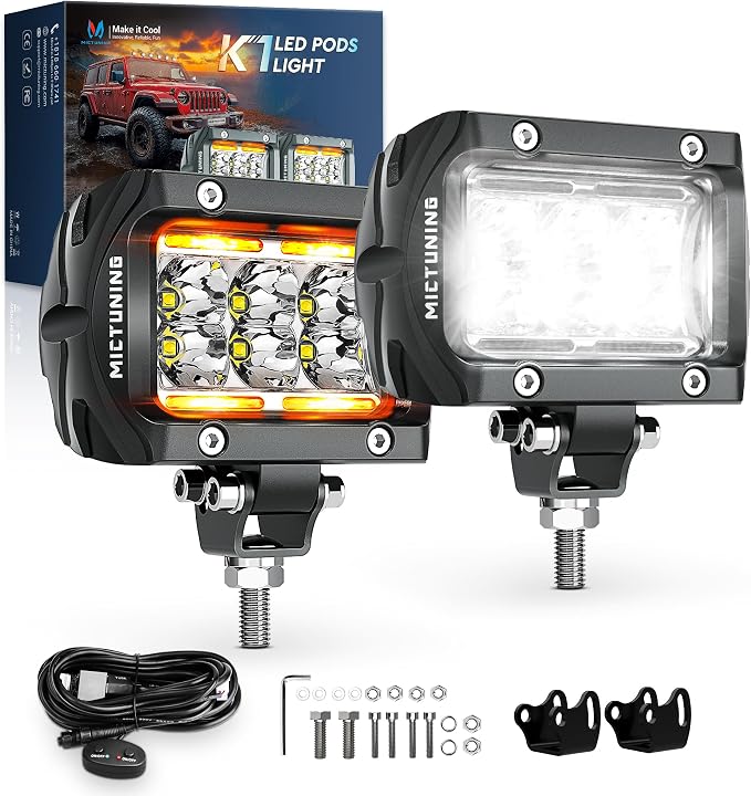MICTUNING K1 LED Light Pods with Amber DRL 4 Inch, 36W Flood Off Road Lights Super Bright Driving Fog Light 1800LM IP68 Waterproof with Wire Harness for Trucks Motorcycle ATV UTV SUV Car Boat, Pair