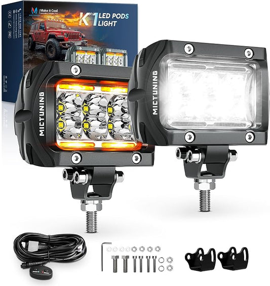MICTUNING K1 LED Light Pods with Amber DRL 4 Inch, 36W Flood Off Road Lights Super Bright Driving Fog Light 1800LM IP68 Waterproof with Wire Harness for Trucks Motorcycle ATV UTV SUV Car Boat, Pair