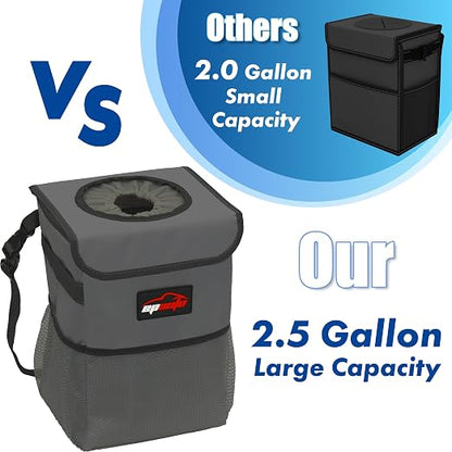 EPAuto Waterproof Car Trash Can with Lid and Storage Pockets, 2.5 Gallon Leakproof, Dark Gray