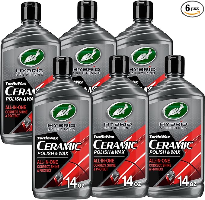 Turtle Wax Hybrid Solutions Ceramic Car Polish and Wax, Light Scratch Remover, Durable Paint Protection, Extreme Water Beading, High Gloss Shine, Hand or Machine Polisher Use, 14 oz (Pack of 6)