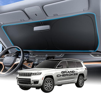 Wigoo for Jeep Grand Cherokee Windshield Sunshade [OEM Design, 100% Sun Blockage] Foldable Heat Insulation Sun Shade with Storage Bag, for Jeep Grand Cherokee (2022-2026), Silver Coating