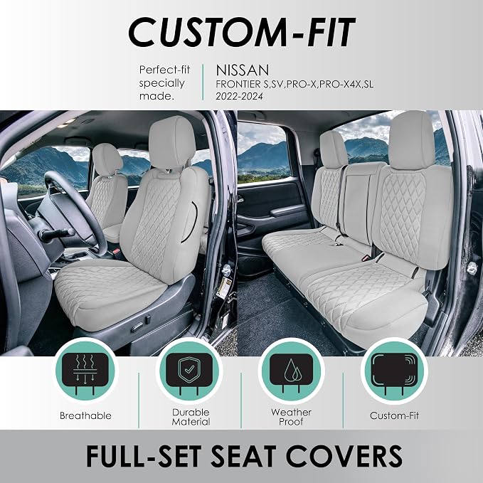 FH Group Custom Fit Car Seat Covers Specifically Made for 2022-2026 Nissan Frontier, Full Set Solid Gray Ultraflex Neoprene Waterproof Automotive Seat Covers for Pickup Truck, Nissan Accessories