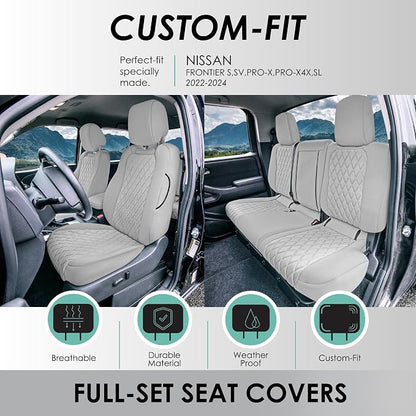 FH Group Custom Fit Car Seat Covers Specifically Made for 2022-2026 Nissan Frontier, Full Set Solid Gray Ultraflex Neoprene Waterproof Automotive Seat Covers for Pickup Truck, Nissan Accessories