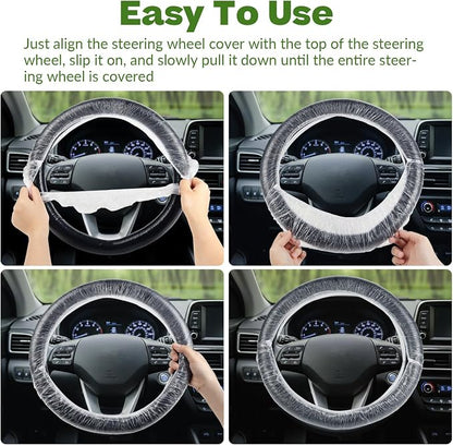 100Pcs Disposable Car Steering Wheel Covers, Universal Plastic Steering Wheel Protector with Elastic, Automotive Interior Protection Accessories for Most Vehicle Models