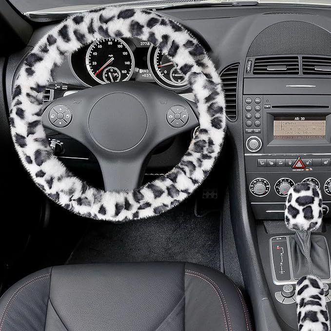 Accmor Fuzzy Car Steering Wheel Cover, Universal Fit Fur Auto Wheel Cover & Handbrake Cover & Gear Shift Cover Set, Leopard Winter Warm Fluffy Vehicle Wheel Protector Car Accessories for Men Women