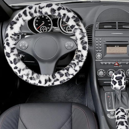 Accmor Fuzzy Car Steering Wheel Cover, Universal Fit Fur Auto Wheel Cover & Handbrake Cover & Gear Shift Cover Set, Leopard Winter Warm Fluffy Vehicle Wheel Protector Car Accessories for Men Women