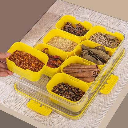 WACOI Divided Snack Serving Tray with Lid and Handle Travel Snackle Charcuterie Container Portable Storage Organizer for Candy, Fruits, Nuts, Snacks, Party, Picnic (1pack, Yellow)