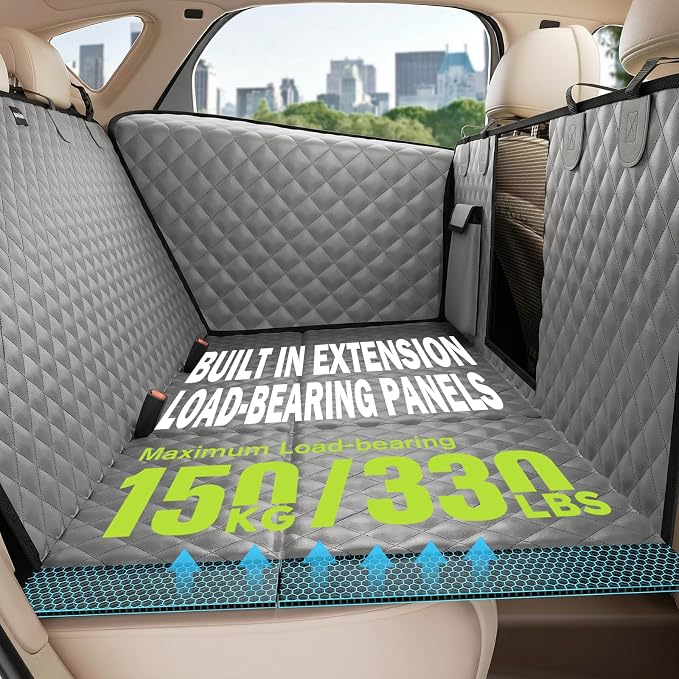 Pecute Back Seat Extender for Dogs 56.29 * 28.74 in, Car Window Fixing for Maximum Car Protection, Leather Fabric Dog Car Seat Cover for Back Seat, Waterproof, Scratch-Resistant, Support to 330 lbs