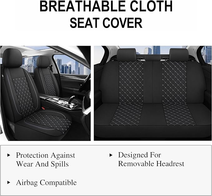 YGL Breathble Car Seat Covers Full Set,Washable Seat Covers for Cars,Premium Cloth Car Seat Protectors,Interior Covers for Cars,Sedan Van Truck SUV(Black/Gray)