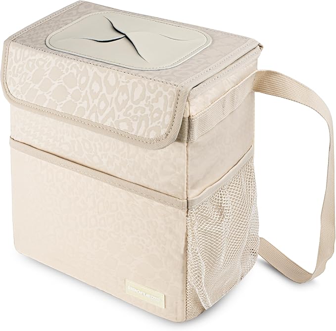 SIBOFUEGO Car Trash Can - Cute Multifunctional Interior Car Accessory for Women, Organizer and Storage with Adjustable Straps, 2 Gallons (Leopard Print Beige)