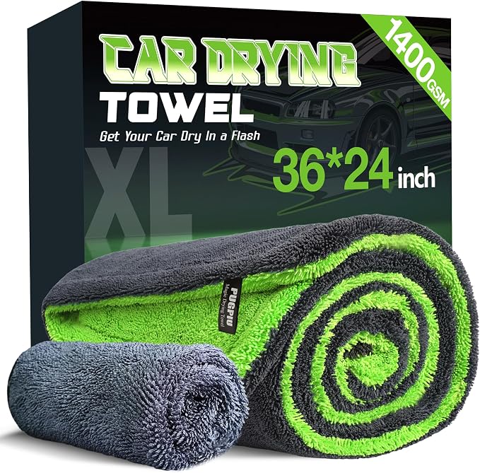 PUGPIU Car Drying Towel - 1400GSM Extra Large Super Absorbent Microfiber Towels for Cars 24"x36" - Large Edgeless with Twisted Loop, Lint-Free & Streak-Free for Auto Detailing, SUV, Truck (Green)
