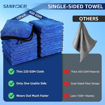 SMINDER 12-Pack Microfiber Cleaning Cloth, Car Drying Towels Car Detailing– XL Microfiber Towels for Cars, Trucks (15.7" x 15.7"), Ultra-Absorbent, Streak-Free, Scratch-Free, No Water Spots