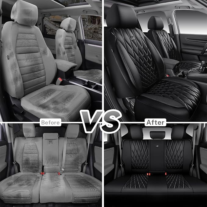 CAR PASS CRV Seat Covers Full Set Custom Fit for Honda CRV HRV 2017-2022, CR-V HR-V Luxury Premium Waterproof Nappa Leather Seat Covers, Anti-Slip Comfortable Airbag Compatible Full Black