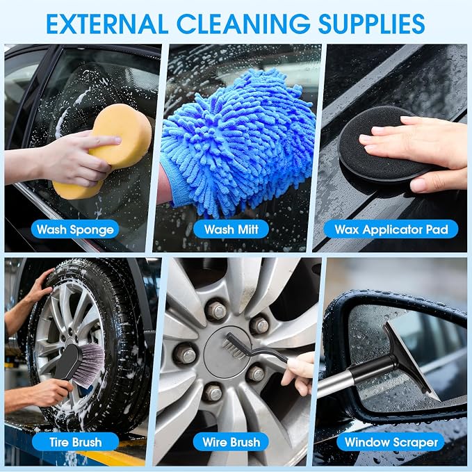 36Pcs Blue Car Wash Detailing Kit，Car Cleaning Set with Foam Gun Sprayer，Long-Handle Brush Mop，Large Collapsible Bucket，Complete Car Wash Supply Gift for Men and Women
