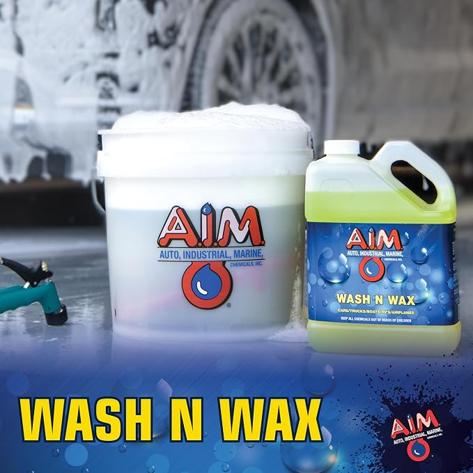 AIM Chemicals Wash N Wax Car Soap - pH neutral for cars, trucks, boats, and RVs. Protects wax and sealants. Use with foam cannon or hand wash. Ideal for detailing and cleaning supplies (AC WWG - FBM)