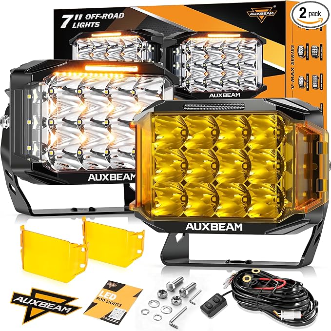 Auxbeam V-MAX Series LED Pod Lights, 7x5 Inch 204W Rectangle Offroad Driving Spotlight with Amber DRL & Backlight, 270° Side Shooter Ditch Auxiliary Spot Flood Combo Beam for Truck Jeep Pickup SUV ATV