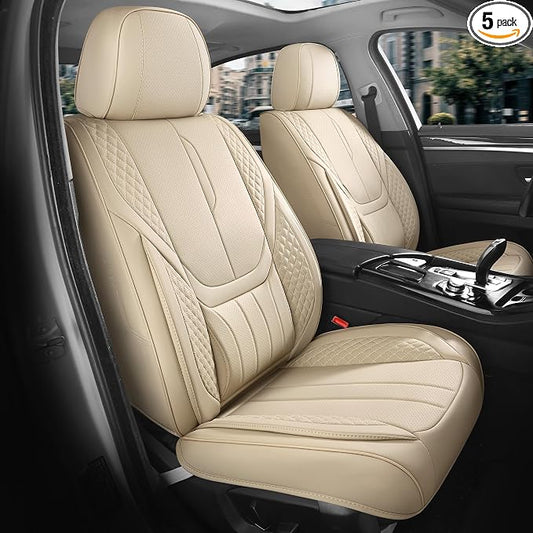 Car Seat Covers Full Set - Universal Seat Covers for Cars SUV Truck – Faux Leather Automotive Seat Covers, Breathable & Waterproof Front and Rear Seat Protectors, Fit for Most Cars-Beige