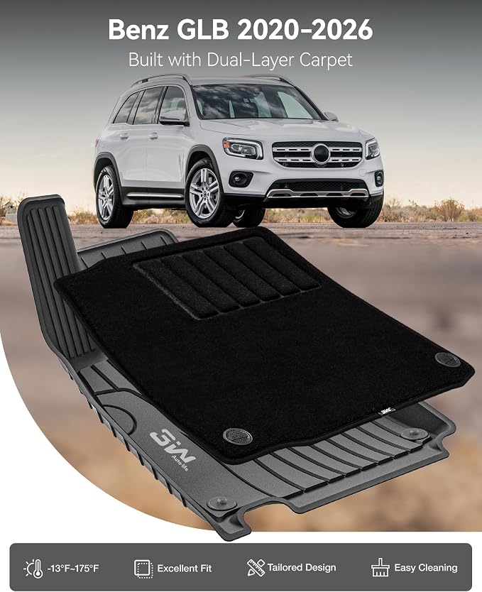3W Floor Mats with Carpets Custom Fit Mercedes Benz GLB 2020-2026, TPE Floor Liner Thickened Carpet with Safety Locks and Driver Heel Pad for Benz GLB250 GLB35 AMG Cars Accessory