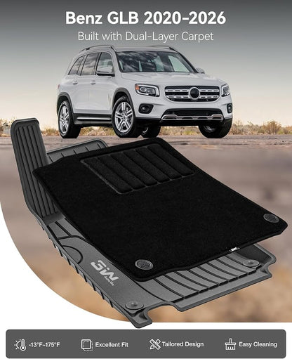 3W Floor Mats with Carpets Custom Fit Mercedes Benz GLB 2020-2026, TPE Floor Liner Thickened Carpet with Safety Locks and Driver Heel Pad for Benz GLB250 GLB35 AMG Cars Accessory