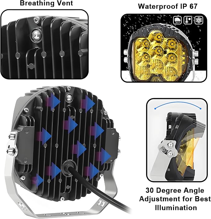 7 Inch 90W Amber Yellow LED Driving Light Compatible with Wrangler Off Road Vehicle ATV UTV Cart Lighting Trucks Pickup F150 Work Light, Pack of 1