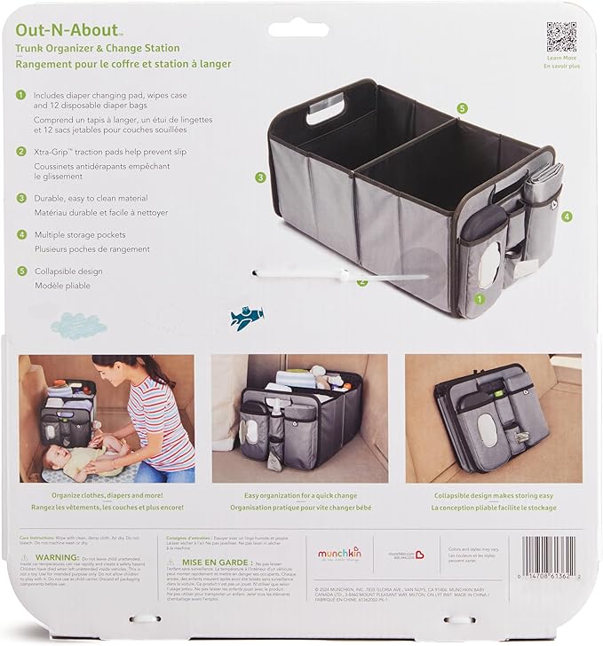 Brica Munchkin Out-n-About Trunk Organizer for SUVs and Cars with Portable Changing Pad and Wet Baby Wipes for Diaper Changes On-the-Go, Collapsible, Grey (Pack of 6)