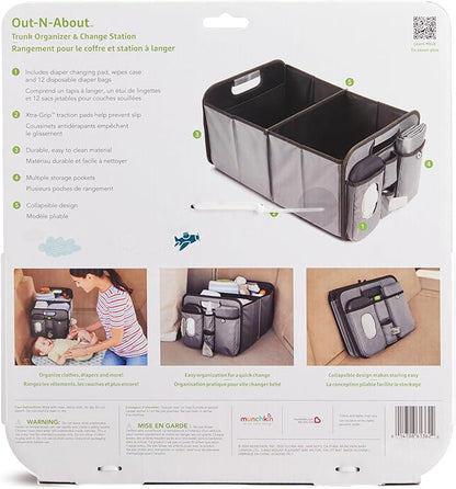 Brica Munchkin Out-n-About Trunk Organizer for SUVs and Cars with Portable Changing Pad and Wet Baby Wipes for Diaper Changes On-the-Go, Collapsible, Grey (Pack of 6)