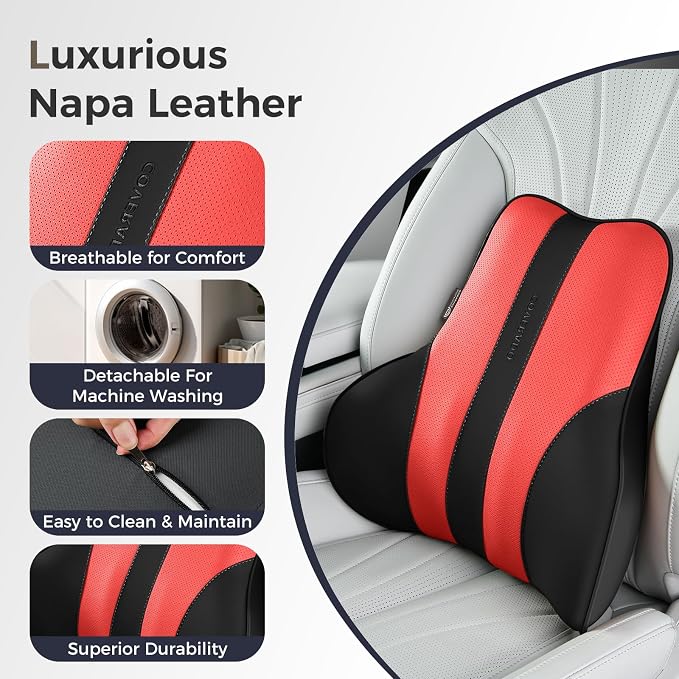 Coverado Lumbar Support Pillow for Car, Ergonomic Memory Foam Back Pillow for Office Chair, Back Cushion for Back Pain Relief, PU Leather Car Lumbar Support for Driving Seat
