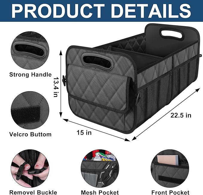 Deosk Car Trunk Organizer for SUV, Car Organizers and Storage with Reinforced Handles, Car Accessories for Women/Men 70L Waterproof Polyester Trunk Organizer(Large, Charcoal)